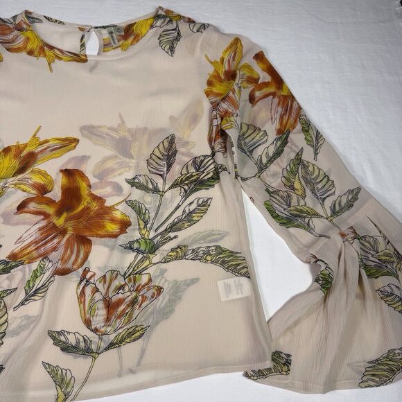 Versona Sheer XL‎ Cream Floral Boho Top Blouse Bell Sleeves Office Dinner Party - Picture 7 of 10